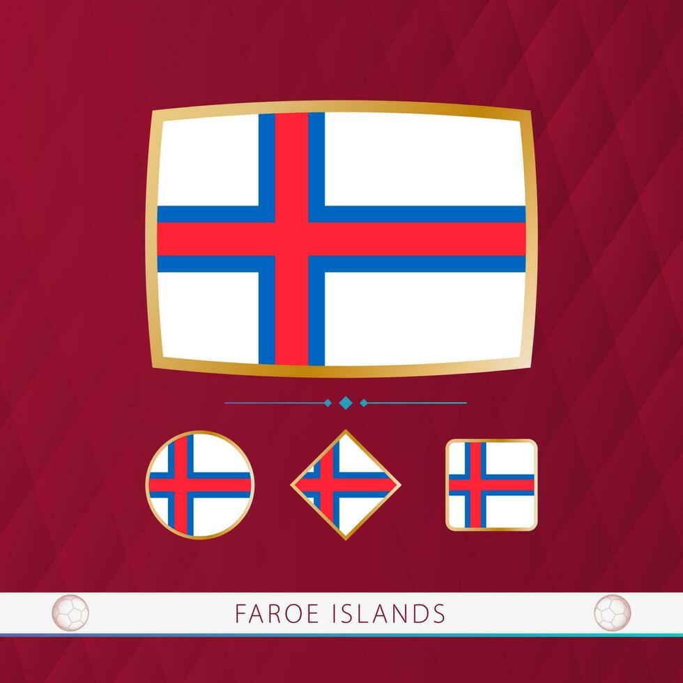 uppsättning av faroe öar flaggor med guld ram för använda sig av på sportslig evenemang på en vinröd abstrakt bakgrund. vektor