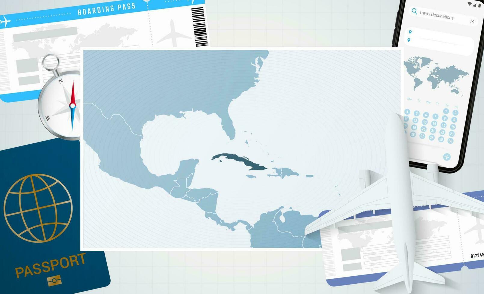 Reise zu Kuba, Illustration mit ein Karte von Kuba. Hintergrund mit Flugzeug, Zelle Telefon, Reisepass, Kompass und Eintrittskarten. vektor