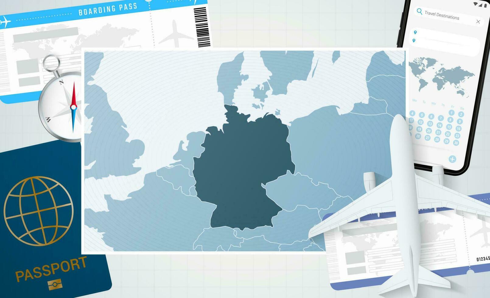 Reise zu Deutschland, Illustration mit ein Karte von Deutschland. Hintergrund mit Flugzeug, Zelle Telefon, Reisepass, Kompass und Eintrittskarten. vektor