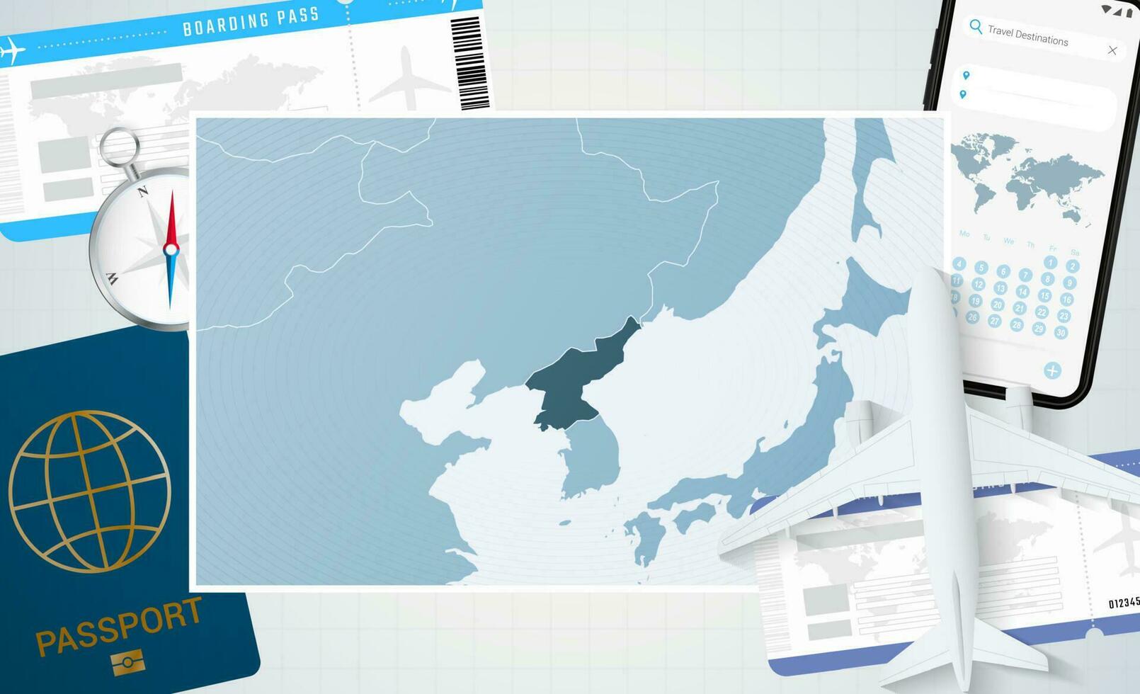Reise zu Norden Korea, Illustration mit ein Karte von Norden Korea. Hintergrund mit Flugzeug, Zelle Telefon, Reisepass, Kompass und Eintrittskarten. vektor