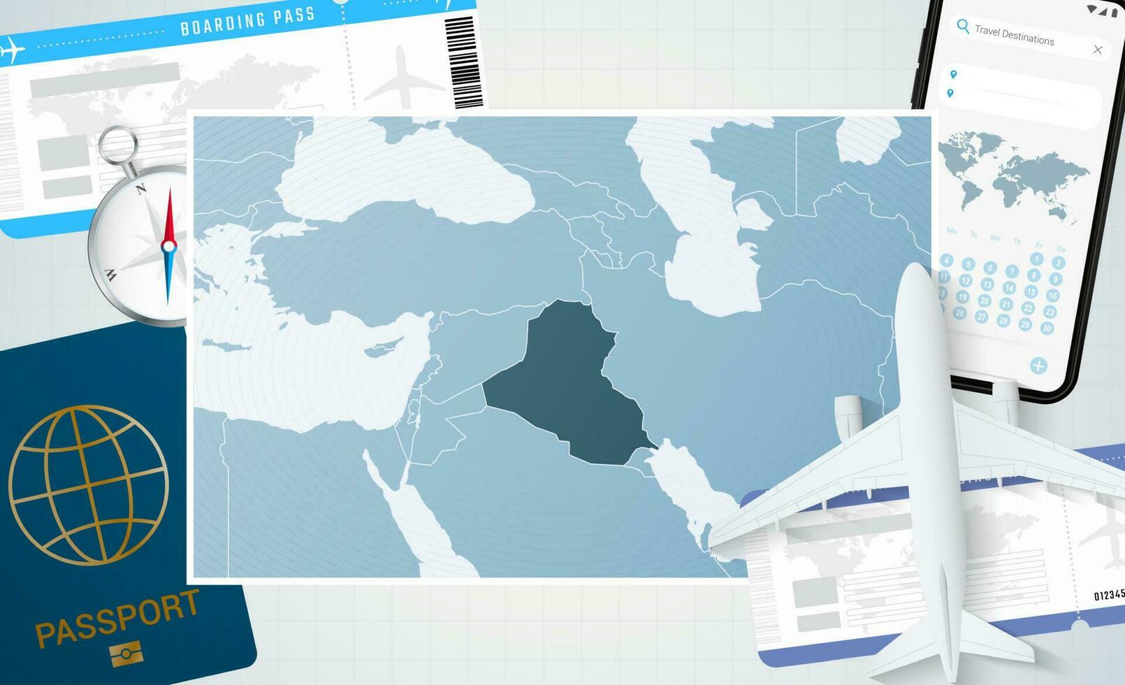 Reise zu Irak, Illustration mit ein Karte von Irak. Hintergrund mit Flugzeug, Zelle Telefon, Reisepass, Kompass und Eintrittskarten. vektor
