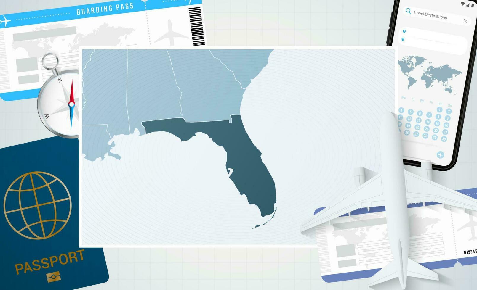 resa till florida, illustration med en Karta av florida. bakgrund med flygplan, cell telefon, pass, kompass och biljetter. vektor