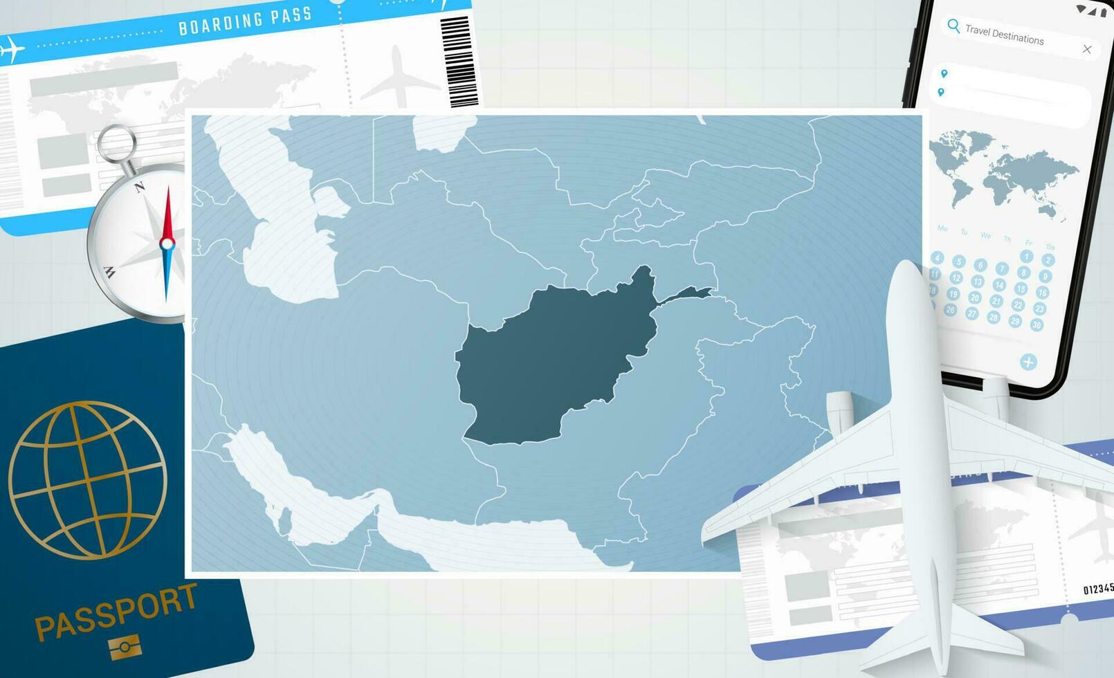 Reise zu Afghanistan, Illustration mit ein Karte von Afghanistan. Hintergrund mit Flugzeug, Zelle Telefon, Reisepass, Kompass und Eintrittskarten. vektor