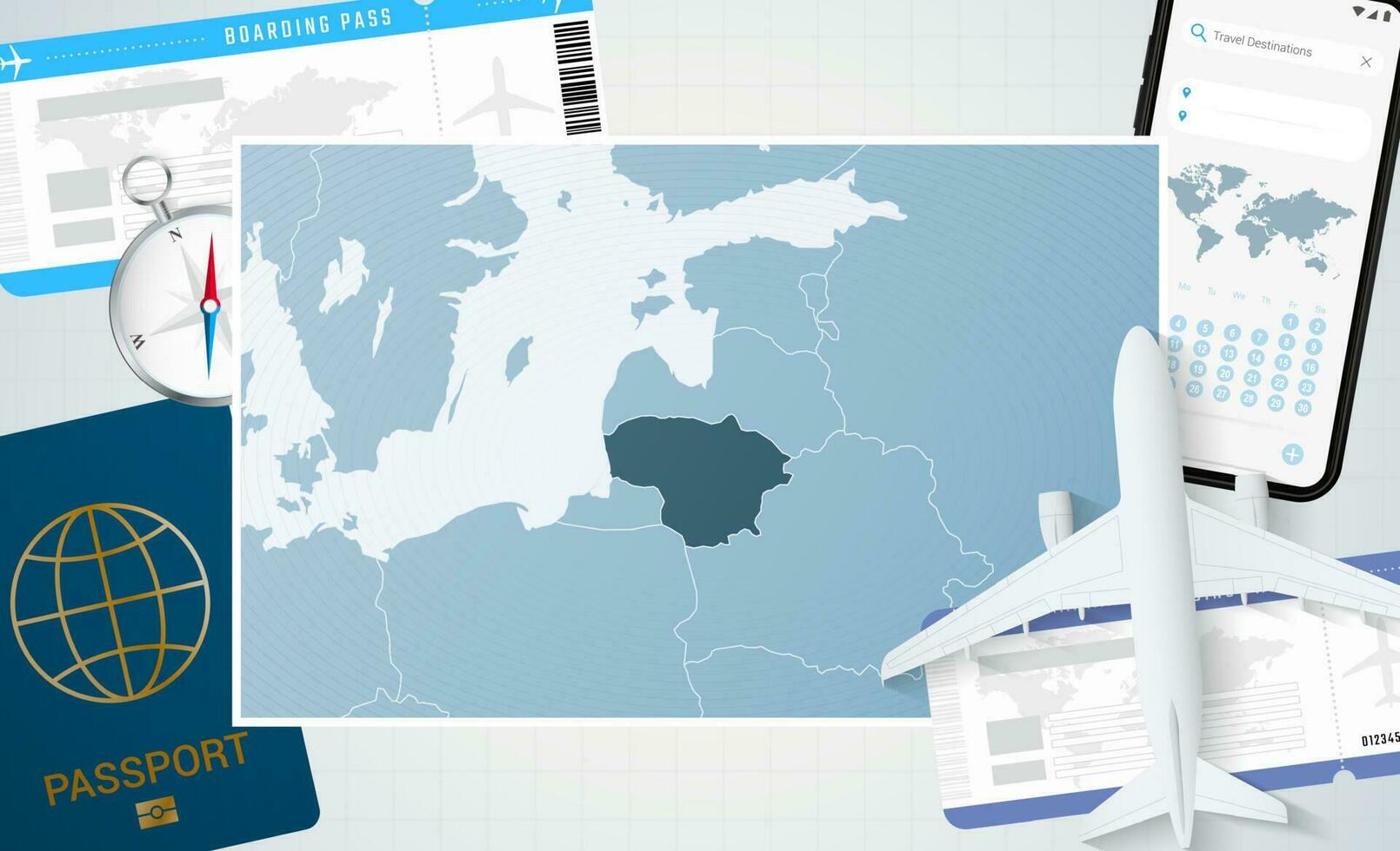 Reise zu Litauen, Illustration mit ein Karte von Litauen. Hintergrund mit Flugzeug, Zelle Telefon, Reisepass, Kompass und Eintrittskarten. vektor