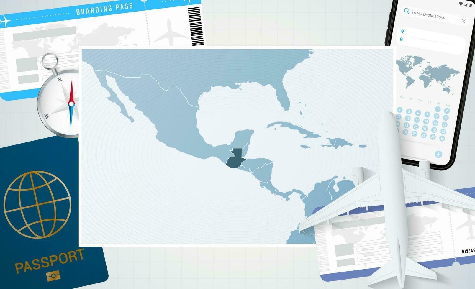 Reise zu Guatemala, Illustration mit ein Karte von Guatemala. Hintergrund mit Flugzeug, Zelle Telefon, Reisepass, Kompass und Eintrittskarten. vektor