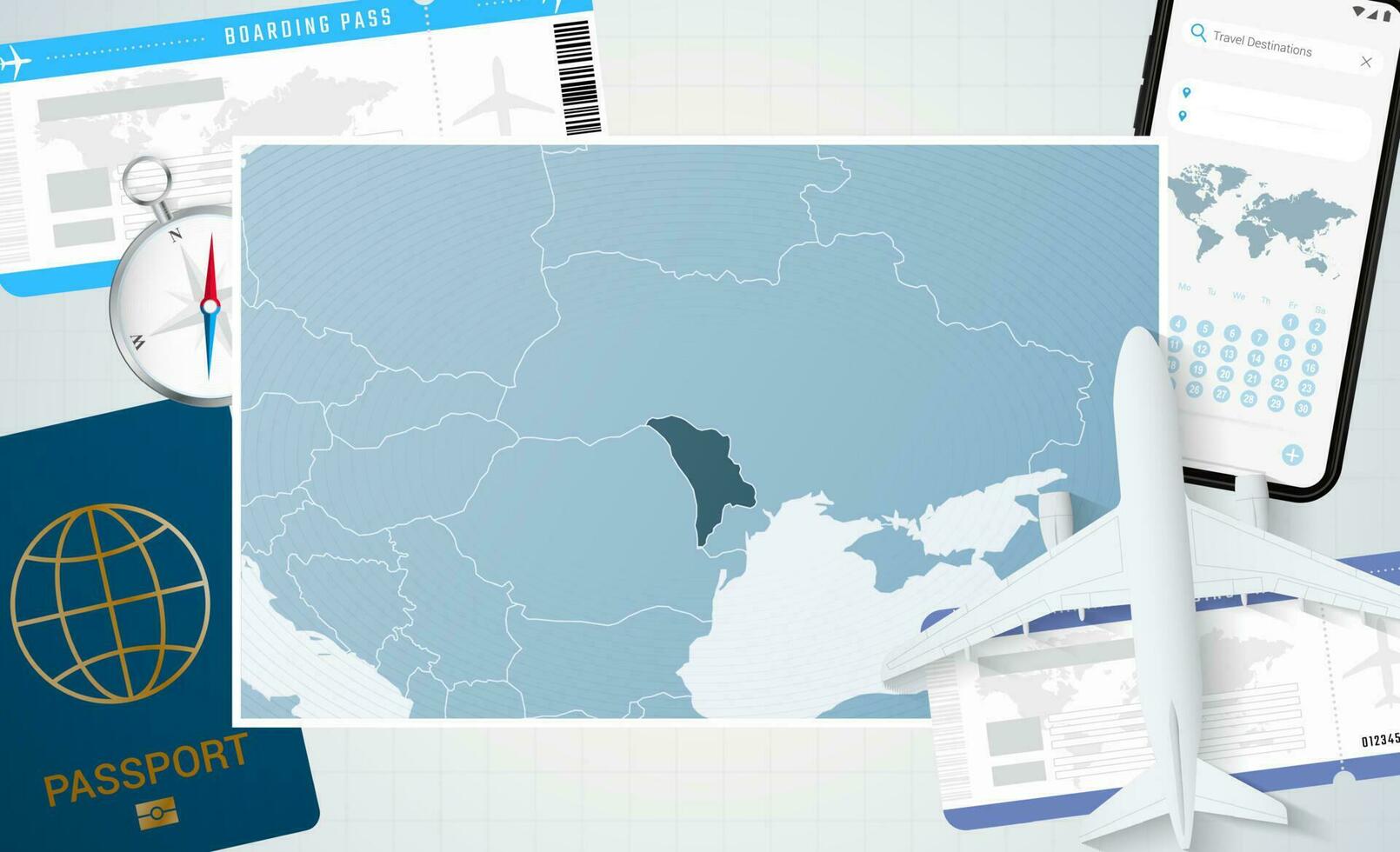 Reise zu Moldawien, Illustration mit ein Karte von Moldawien. Hintergrund mit Flugzeug, Zelle Telefon, Reisepass, Kompass und Eintrittskarten. vektor