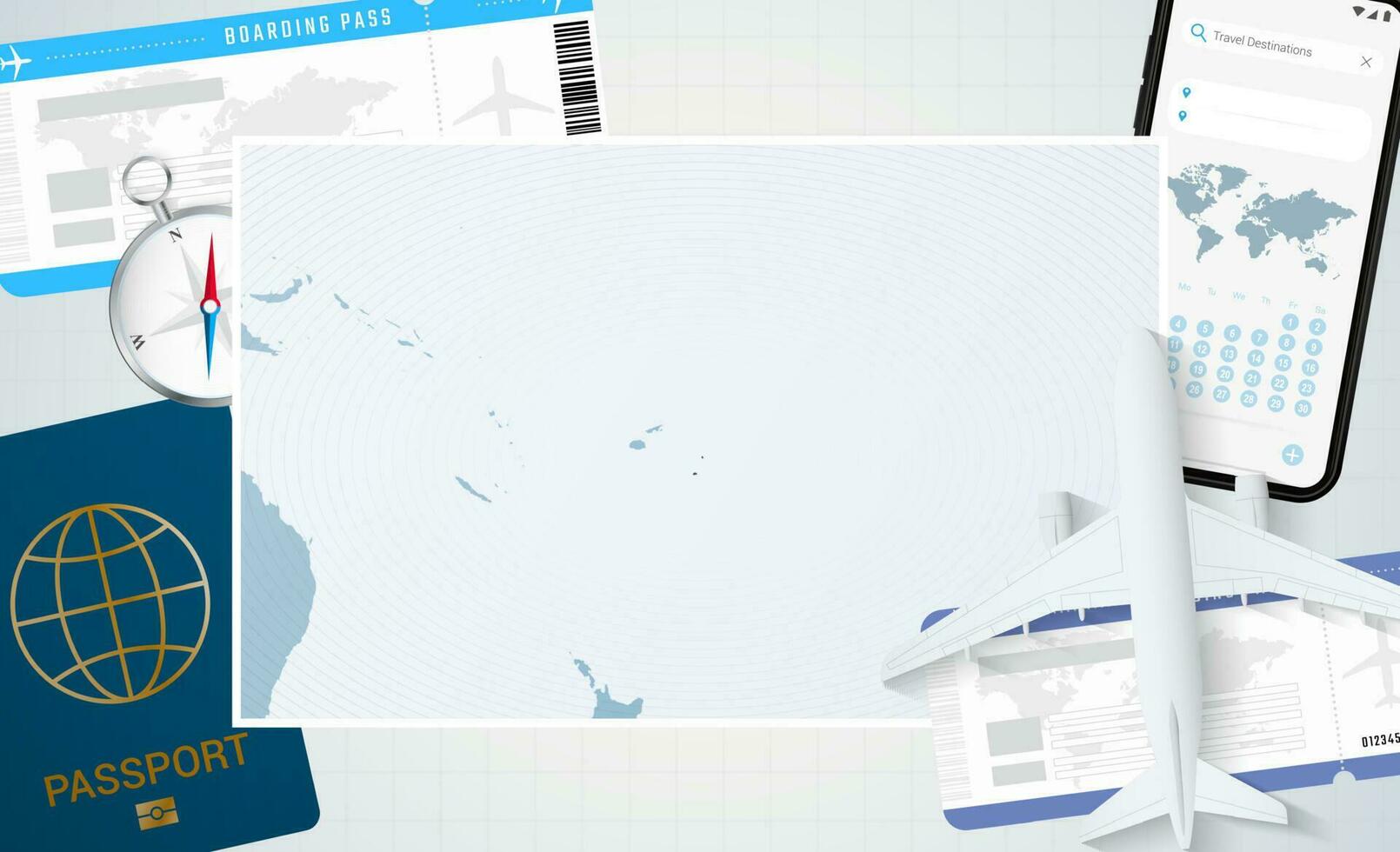resa till tonga, illustration med en Karta av tonga. bakgrund med flygplan, cell telefon, pass, kompass och biljetter. vektor