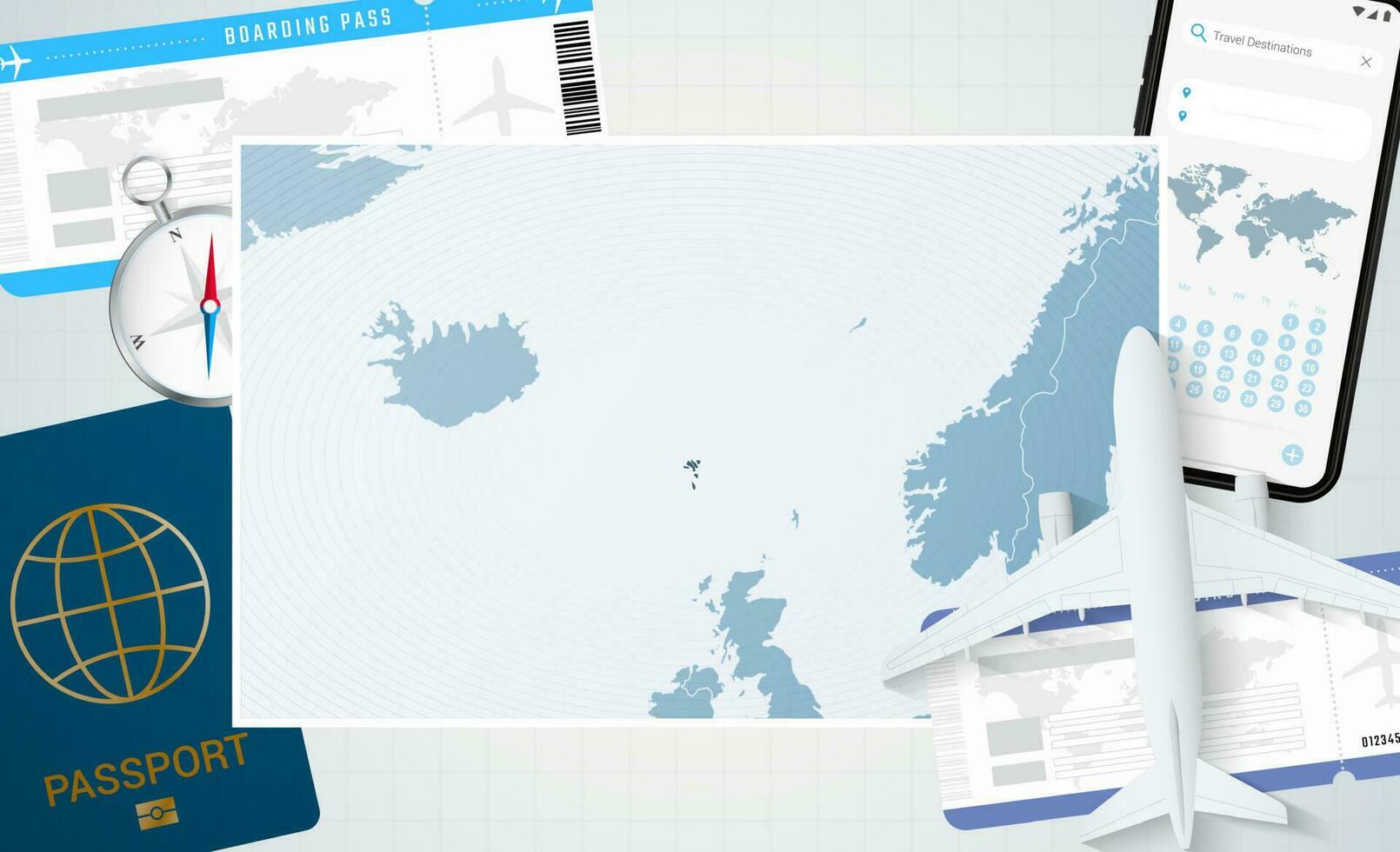 Reise zu Färöer Inseln, Illustration mit ein Karte von Färöer Inseln. Hintergrund mit Flugzeug, Zelle Telefon, Reisepass, Kompass und Eintrittskarten. vektor