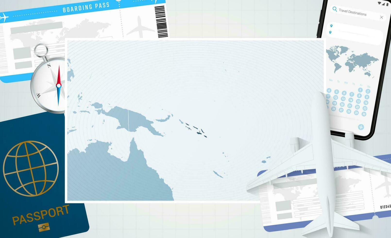 Reise zu Solomon Inseln, Illustration mit ein Karte von Solomon Inseln. Hintergrund mit Flugzeug, Zelle Telefon, Reisepass, Kompass und Eintrittskarten. vektor