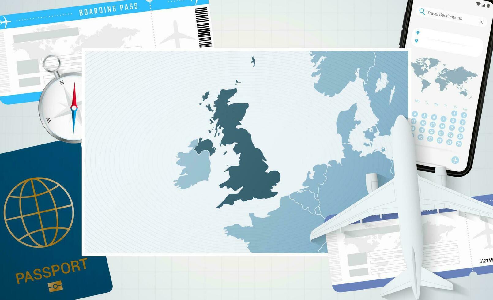 Reise zu vereinigt Königreich, Illustration mit ein Karte von vereinigt Königreich. Hintergrund mit Flugzeug, Zelle Telefon, Reisepass, Kompass und Eintrittskarten. vektor