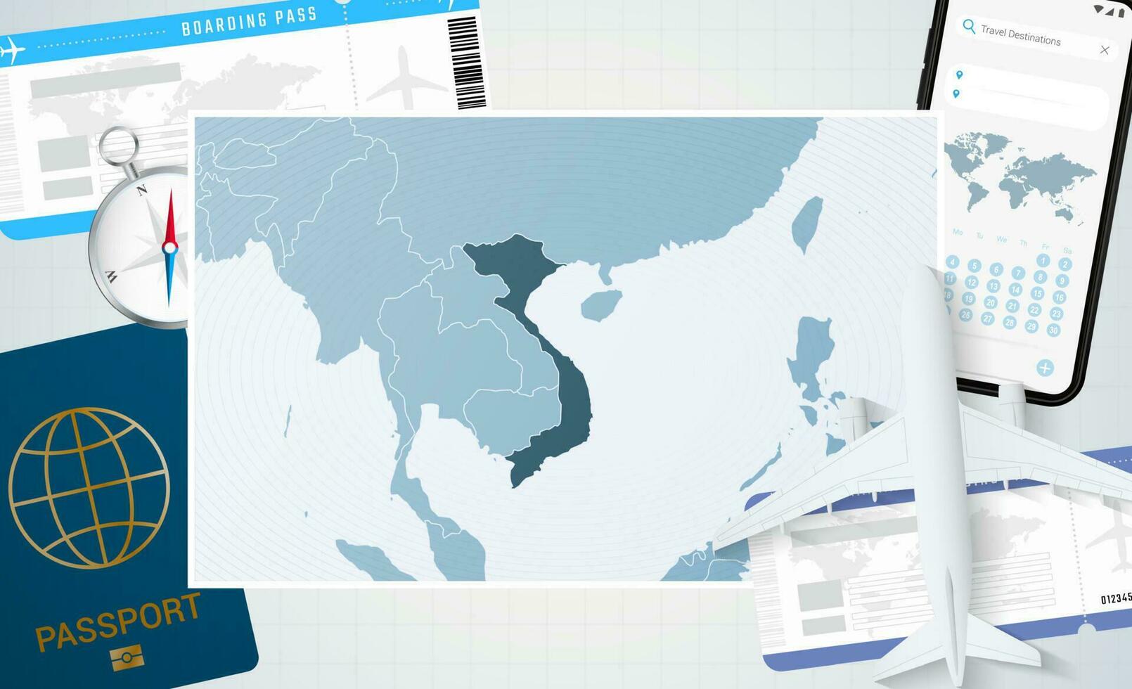 Reise zu Vietnam, Illustration mit ein Karte von Vietnam. Hintergrund mit Flugzeug, Zelle Telefon, Reisepass, Kompass und Eintrittskarten. vektor