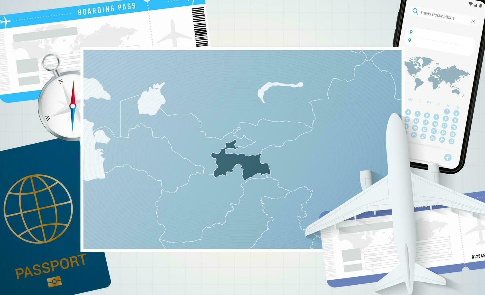 resa till tadzjikistan, illustration med en Karta av tadzjikistan. bakgrund med flygplan, cell telefon, pass, kompass och biljetter. vektor