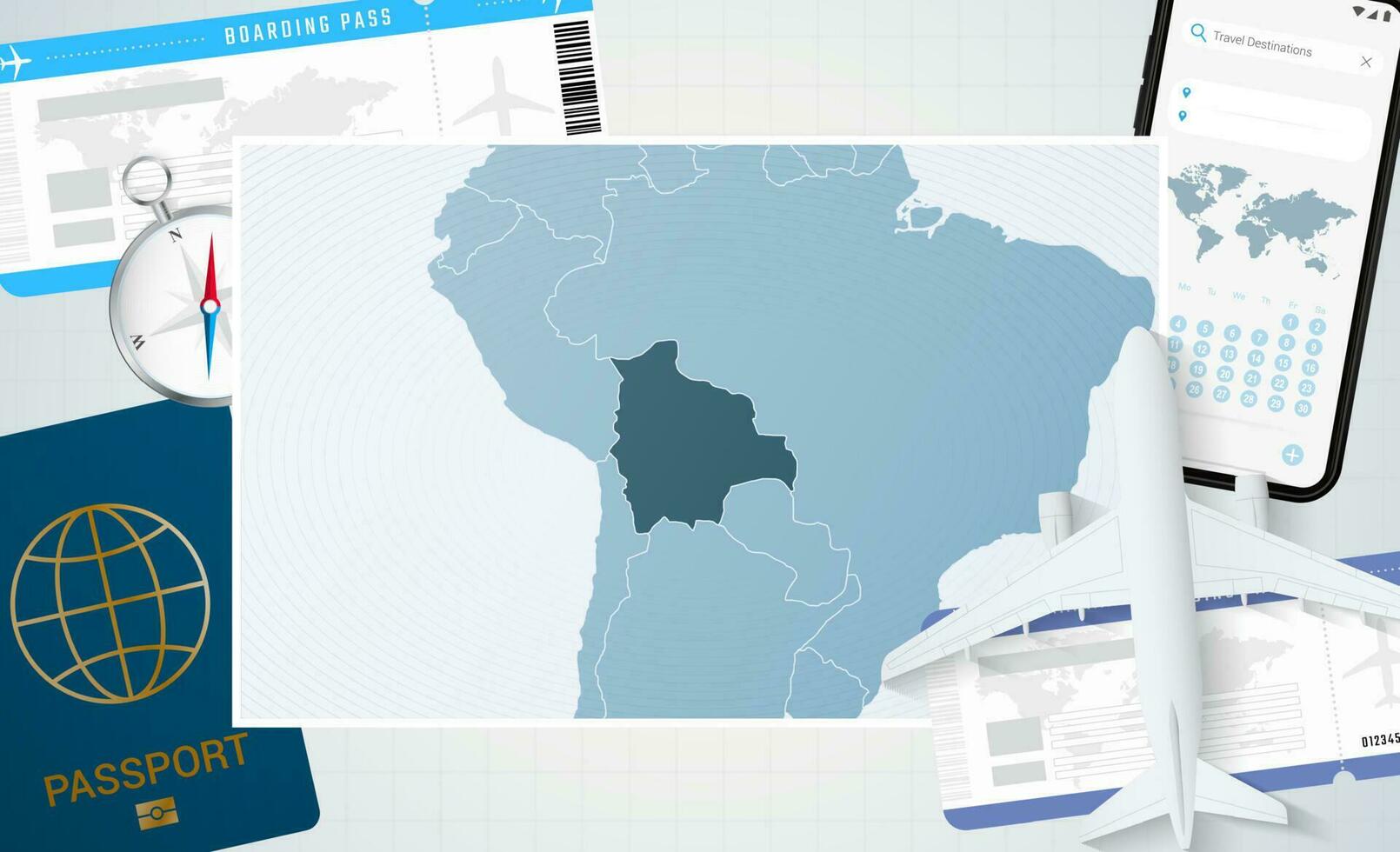 resa till bolivia, illustration med en Karta av bolivia. bakgrund med flygplan, cell telefon, pass, kompass och biljetter. vektor