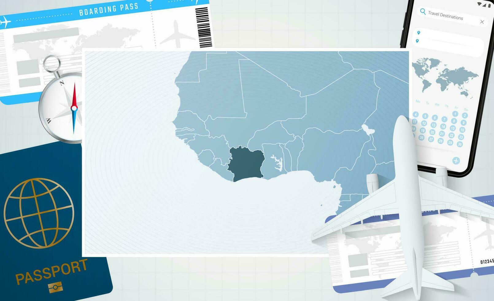 resa till elfenben kust, illustration med en Karta av elfenben kust. bakgrund med flygplan, cell telefon, pass, kompass och biljetter. vektor