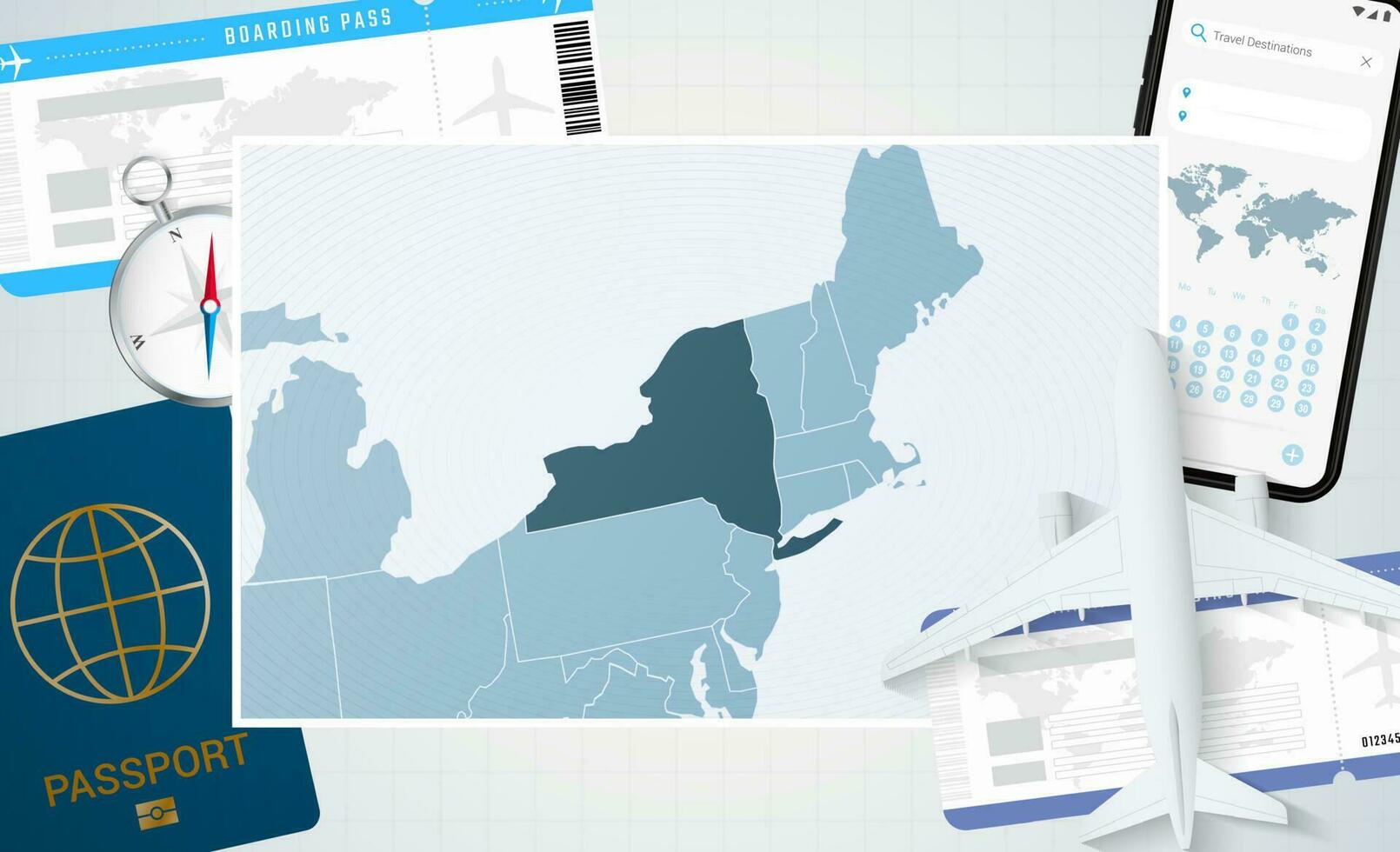 Reise zu Neu York, Illustration mit ein Karte von Neu York. Hintergrund mit Flugzeug, Zelle Telefon, Reisepass, Kompass und Eintrittskarten. vektor