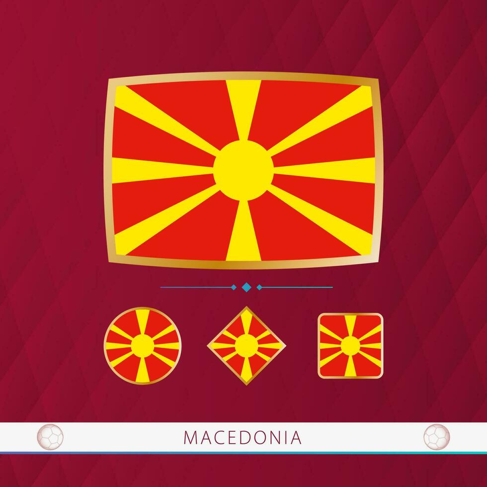 uppsättning av norr macedonia flaggor med guld ram för använda sig av på sportslig evenemang på en vinröd abstrakt bakgrund. vektor