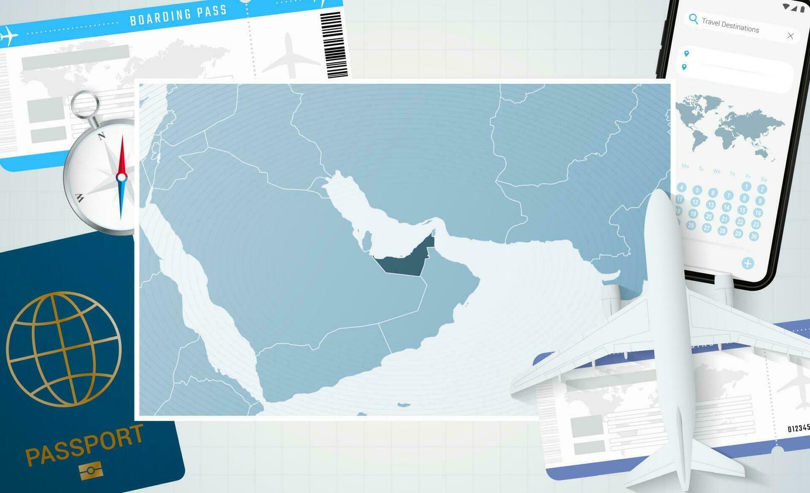 Reise zu vereinigt arabisch Emirate, Illustration mit ein Karte von vereinigt arabisch Emirate. Hintergrund mit Flugzeug, Zelle Telefon, Reisepass, Kompass und Eintrittskarten. vektor