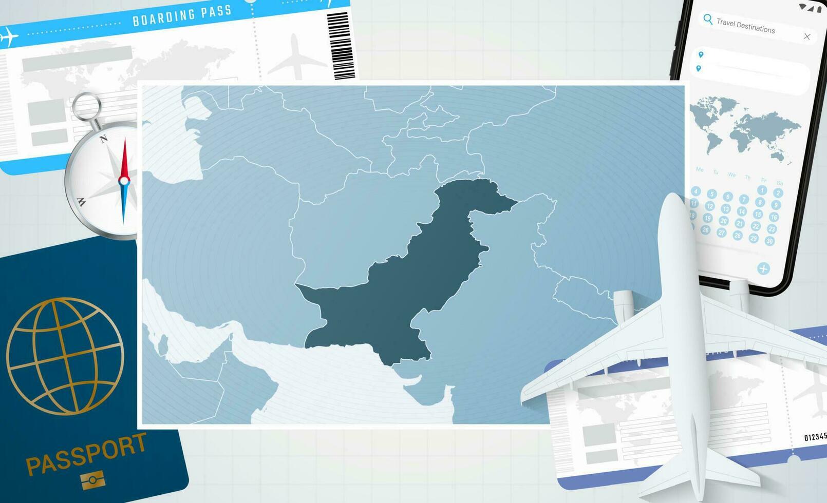 Reise zu Pakistan, Illustration mit ein Karte von Pakistan. Hintergrund mit Flugzeug, Zelle Telefon, Reisepass, Kompass und Eintrittskarten. vektor