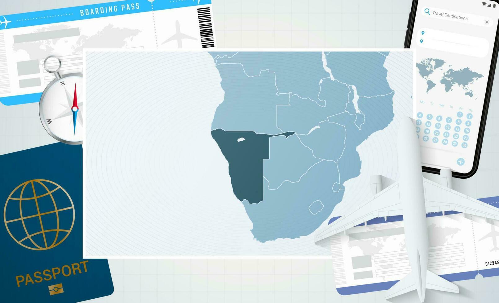 Reise zu Namibia, Illustration mit ein Karte von Namibia. Hintergrund mit Flugzeug, Zelle Telefon, Reisepass, Kompass und Eintrittskarten. vektor