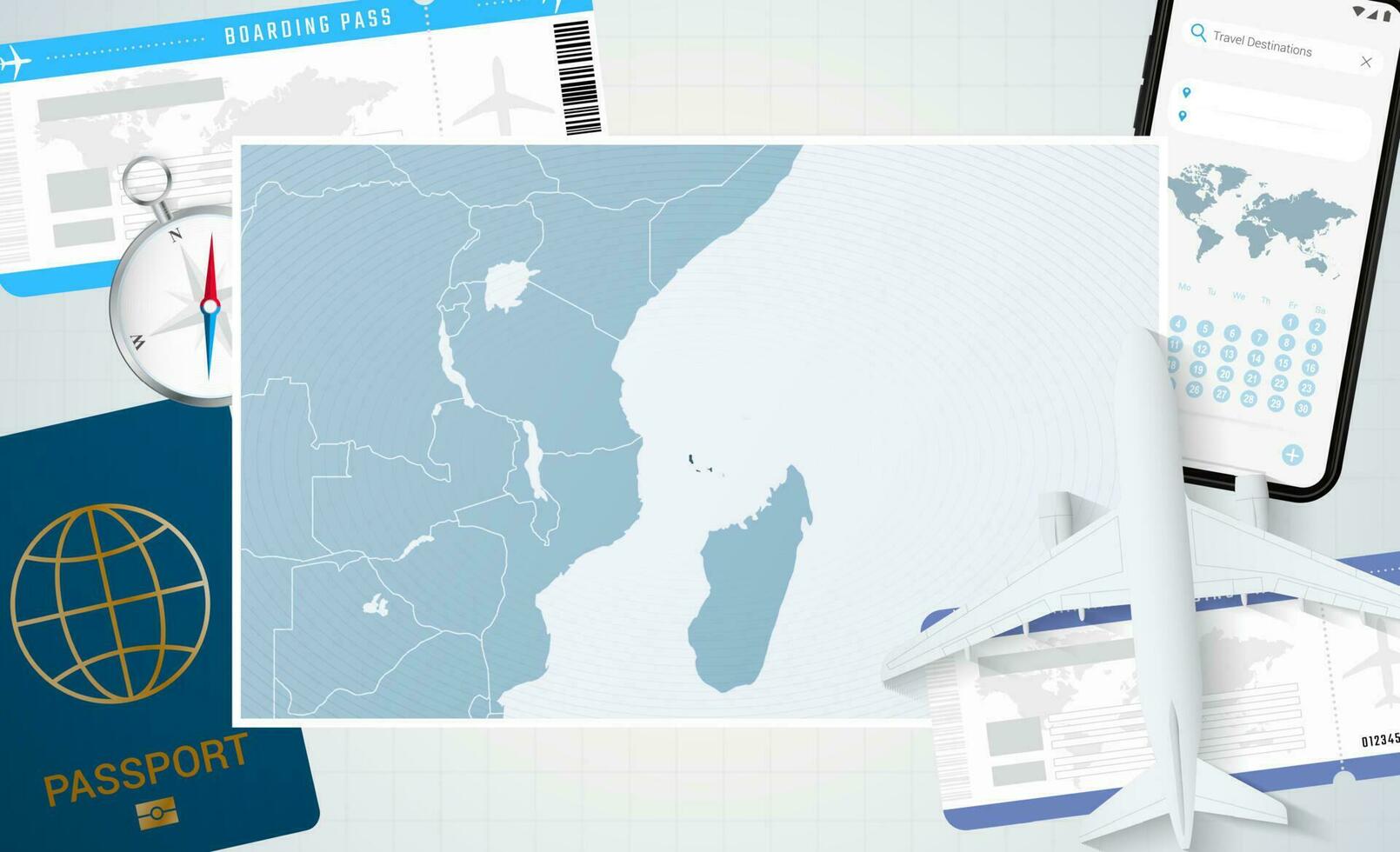 Reise zu Komoren, Illustration mit ein Karte von Komoren. Hintergrund mit Flugzeug, Zelle Telefon, Reisepass, Kompass und Eintrittskarten. vektor