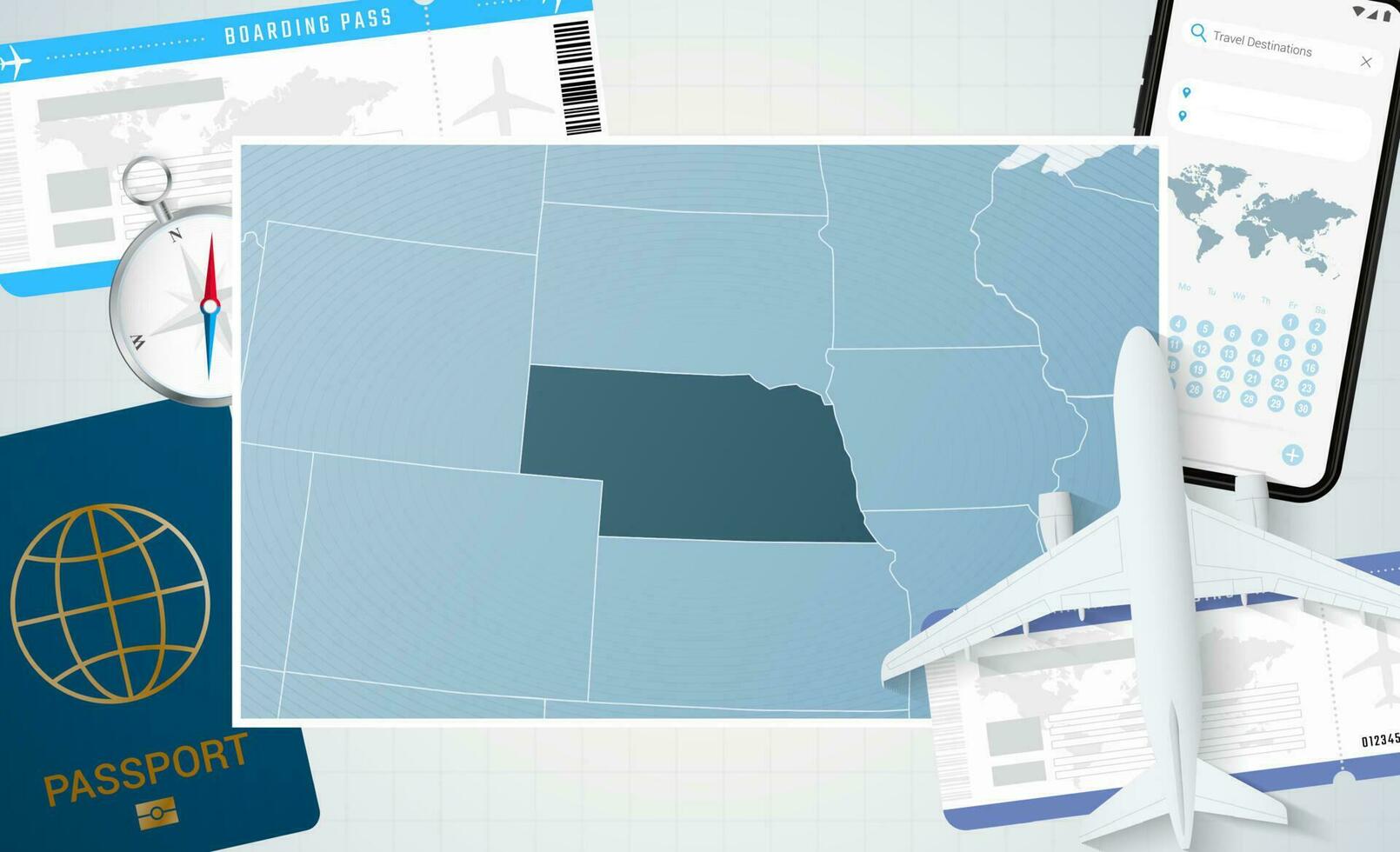 Reise zu Nebraska, Illustration mit ein Karte von Nebraska. Hintergrund mit Flugzeug, Zelle Telefon, Reisepass, Kompass und Eintrittskarten. vektor