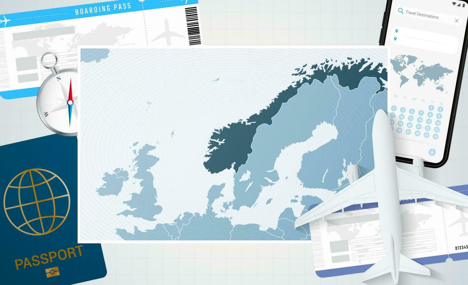 Reise zu Norwegen, Illustration mit ein Karte von Norwegen. Hintergrund mit Flugzeug, Zelle Telefon, Reisepass, Kompass und Eintrittskarten. vektor