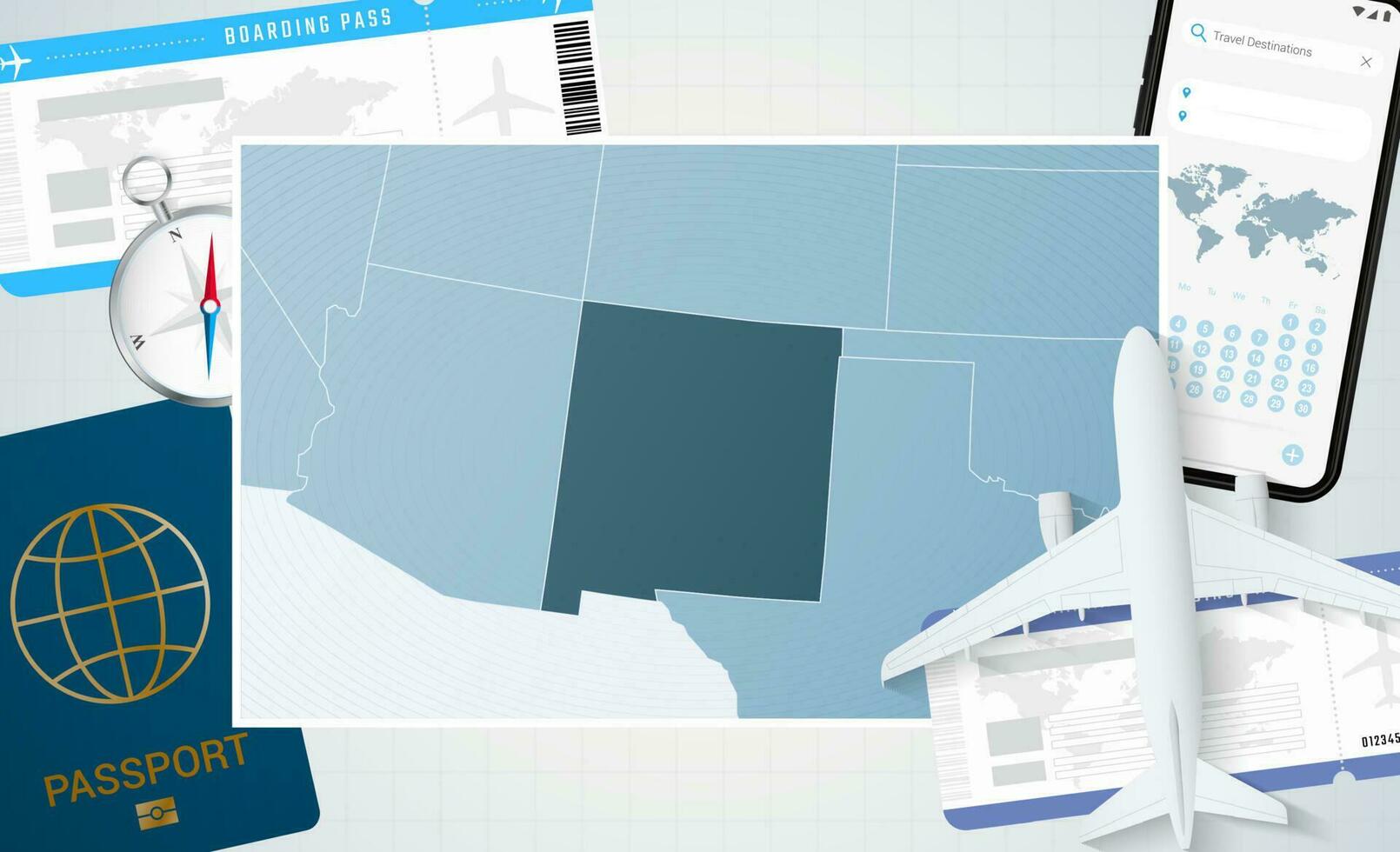 Reise zu Neu Mexiko, Illustration mit ein Karte von Neu Mexiko. Hintergrund mit Flugzeug, Zelle Telefon, Reisepass, Kompass und Eintrittskarten. vektor