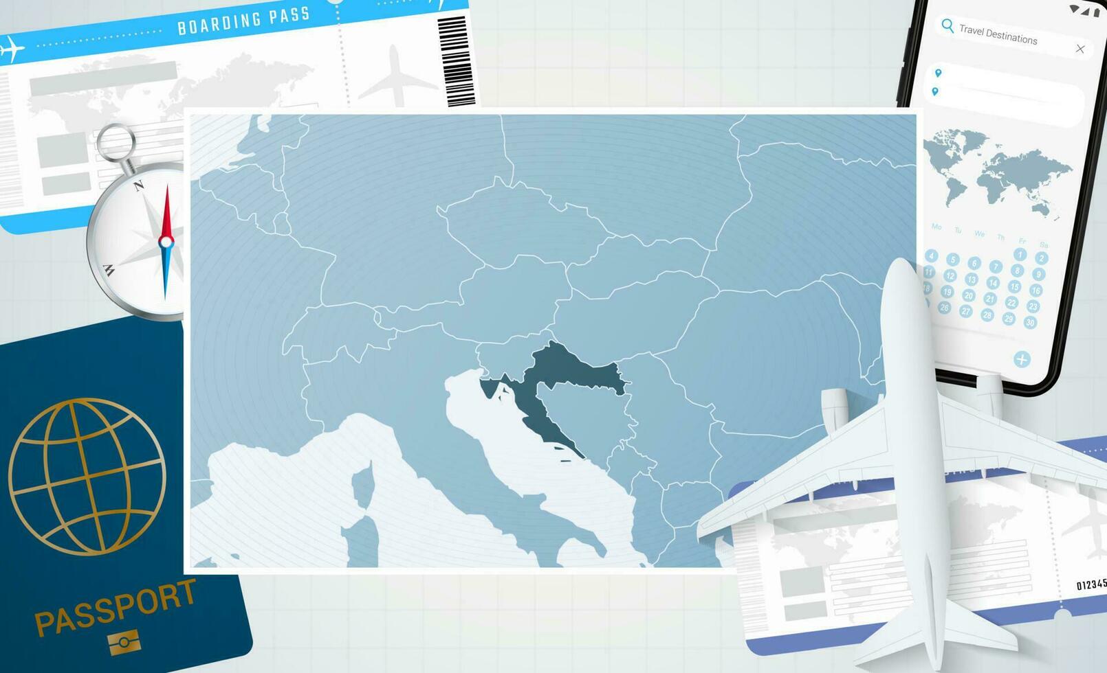 Reise zu Kroatien, Illustration mit ein Karte von Kroatien. Hintergrund mit Flugzeug, Zelle Telefon, Reisepass, Kompass und Eintrittskarten. vektor