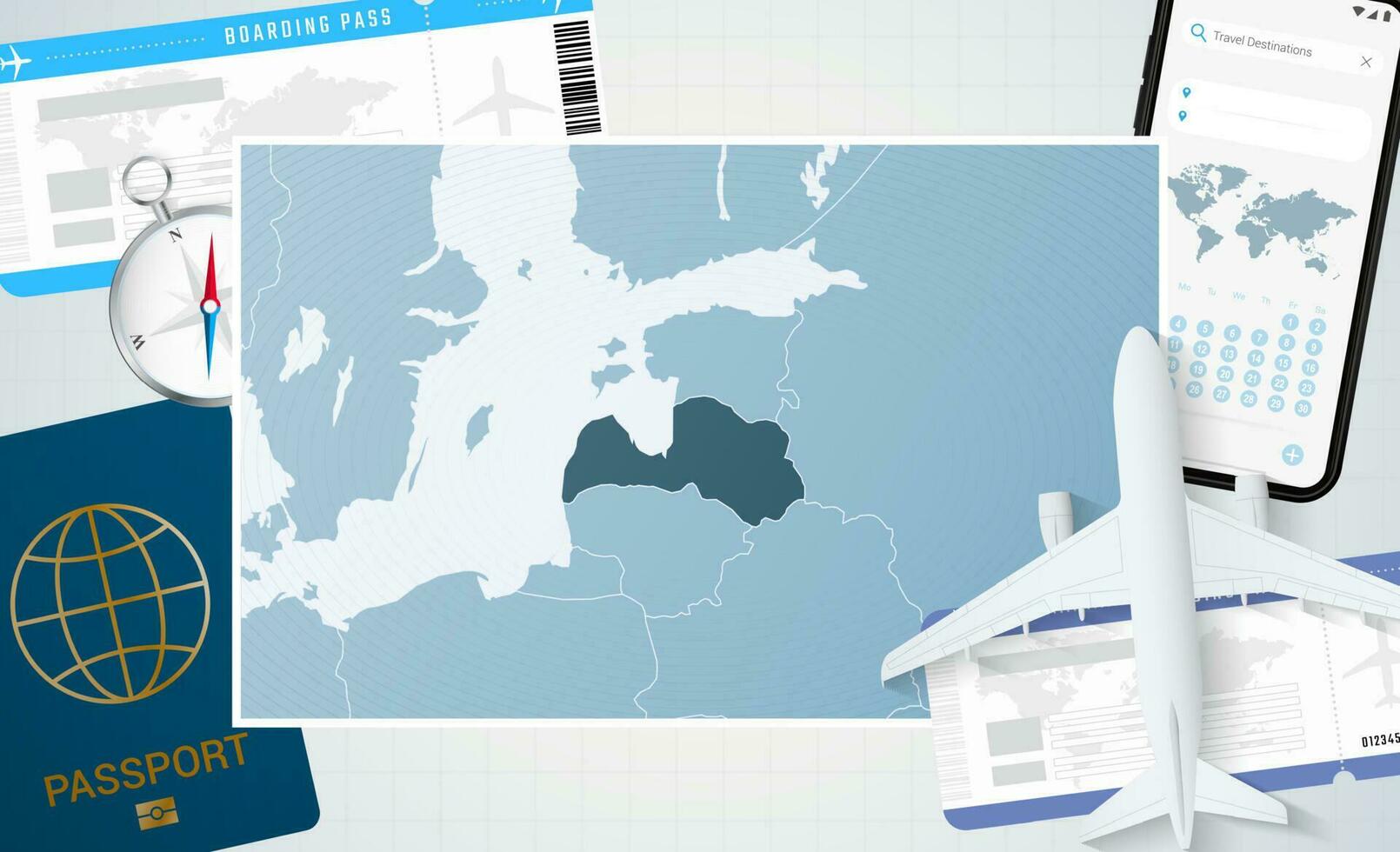 resa till lettland, illustration med en Karta av lettland. bakgrund med flygplan, cell telefon, pass, kompass och biljetter. vektor