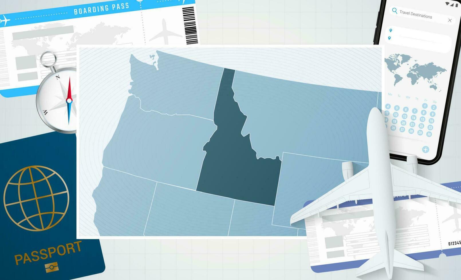 Reise zu Idaho, Illustration mit ein Karte von Idaho. Hintergrund mit Flugzeug, Zelle Telefon, Reisepass, Kompass und Eintrittskarten. vektor
