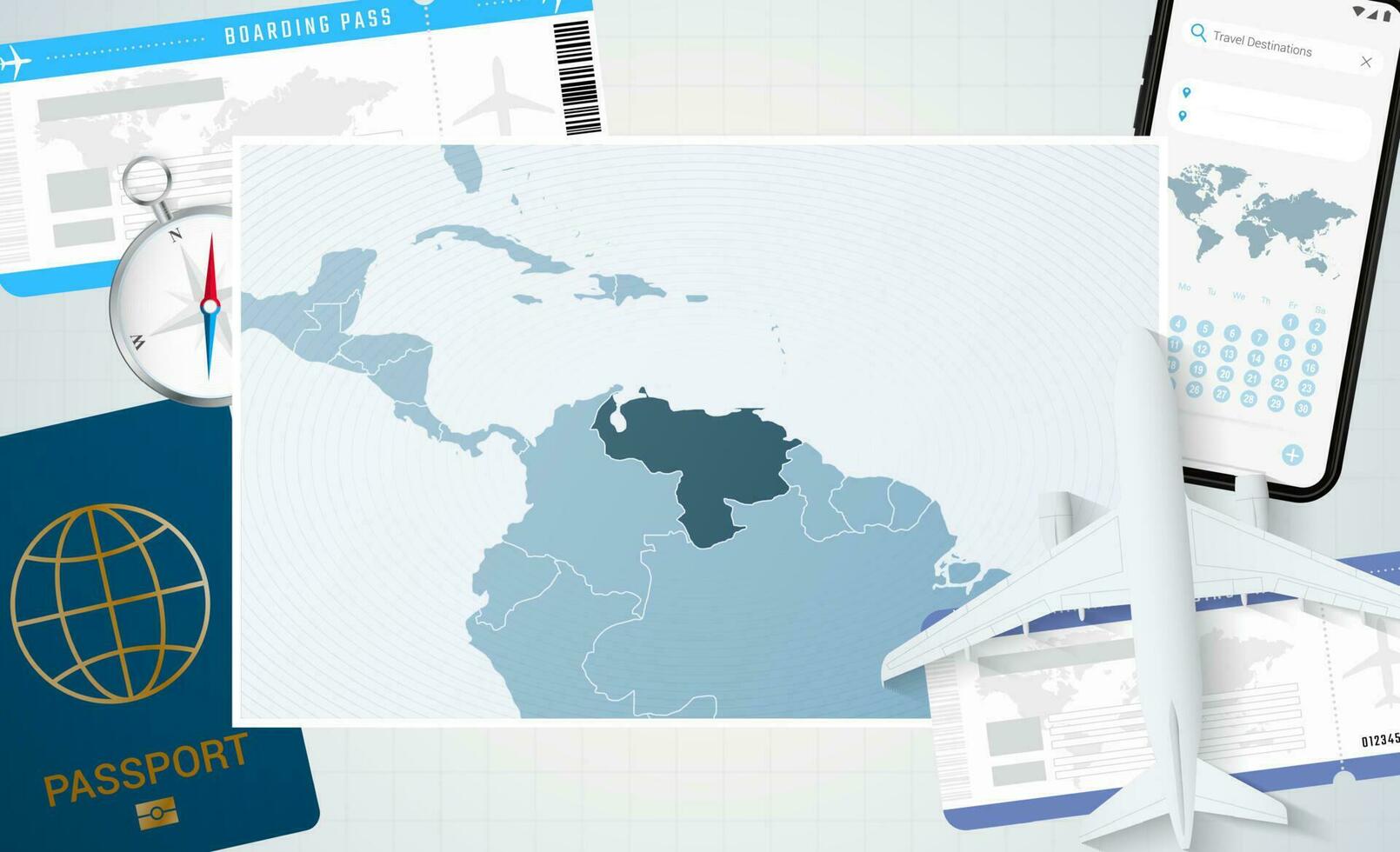 Reise zu Venezuela, Illustration mit ein Karte von Venezuela. Hintergrund mit Flugzeug, Zelle Telefon, Reisepass, Kompass und Eintrittskarten. vektor