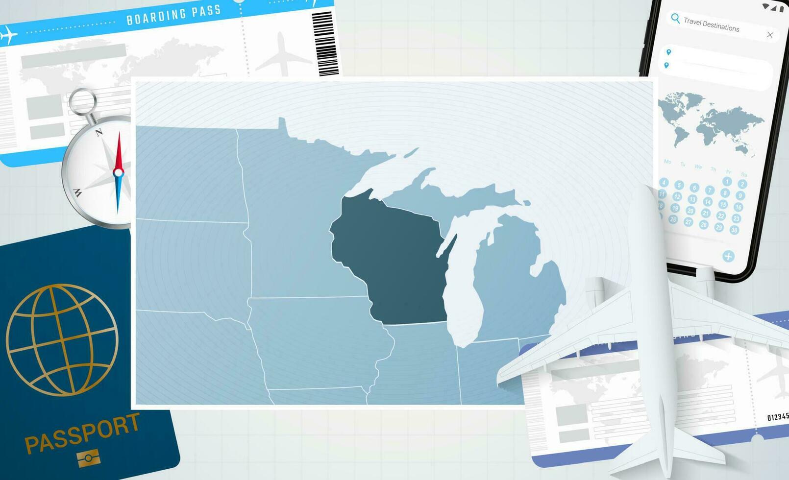resa till Wisconsin, illustration med en Karta av wisconsin. bakgrund med flygplan, cell telefon, pass, kompass och biljetter. vektor