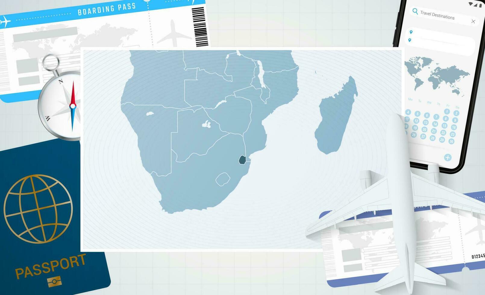 Reise zu Swasiland, Illustration mit ein Karte von Swasiland. Hintergrund mit Flugzeug, Zelle Telefon, Reisepass, Kompass und Eintrittskarten. vektor