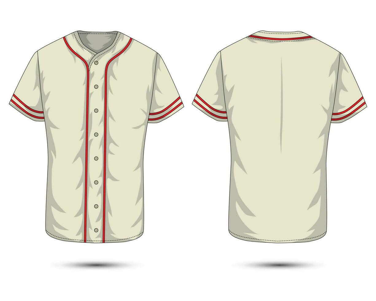 technisch Zeichnung von ein Beige Baseball Uniform mit rot Streifen Vorderseite und zurück Aussicht vektor