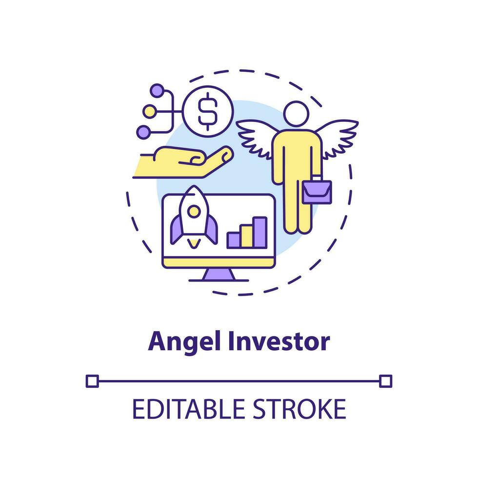 Engel Investor Konzept Symbol. engagieren Sponsoren. Technik Anfang Finanzierung Möglichkeit abstrakt Idee dünn Linie Illustration. isoliert Gliederung Zeichnung. editierbar Schlaganfall vektor