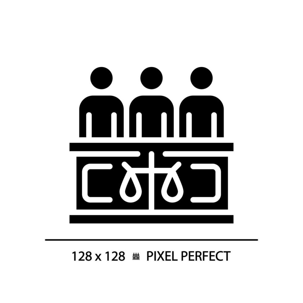 Jury im Gesetz Gericht Pixel perfekt rgb Farbe Symbol. Menschen Gruppe Hören zu Fakten von Versuch Fall. Entscheidung Hersteller. Silhouette Symbol auf Weiß Raum. solide Piktogramm. Vektor isoliert Illustration