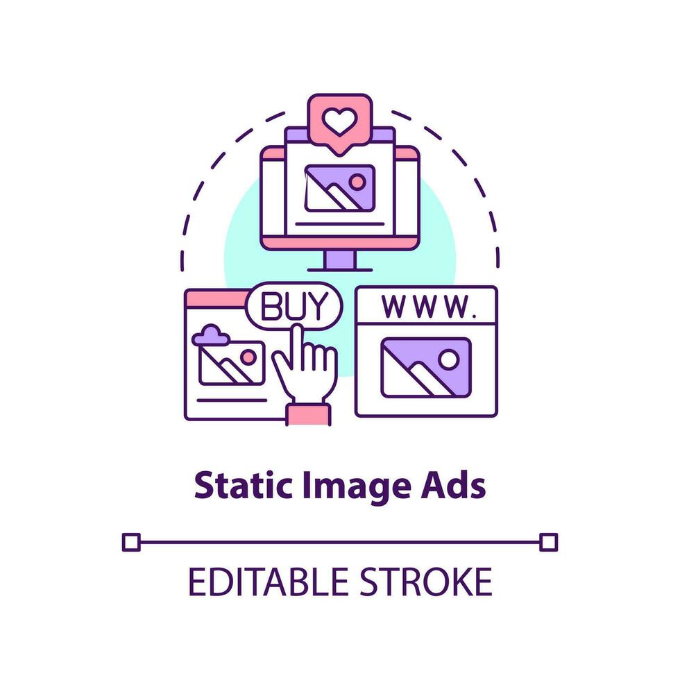 statisk bild annonser begrepp ikon. inlägg foton av produkt. typ av social media promo abstrakt aning tunn linje illustration. isolerat översikt teckning. redigerbar stroke vektor
