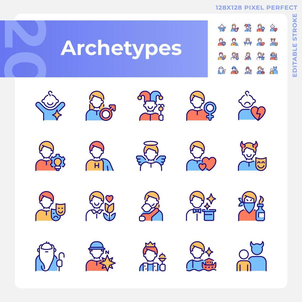 karaktär arketyper pixel perfekt rgb Färg ikoner uppsättning. psykoanalytisk teori. personlig egenskaper. isolerat vektor illustrationer. enkel fylld linje ritningar samling. redigerbar stroke