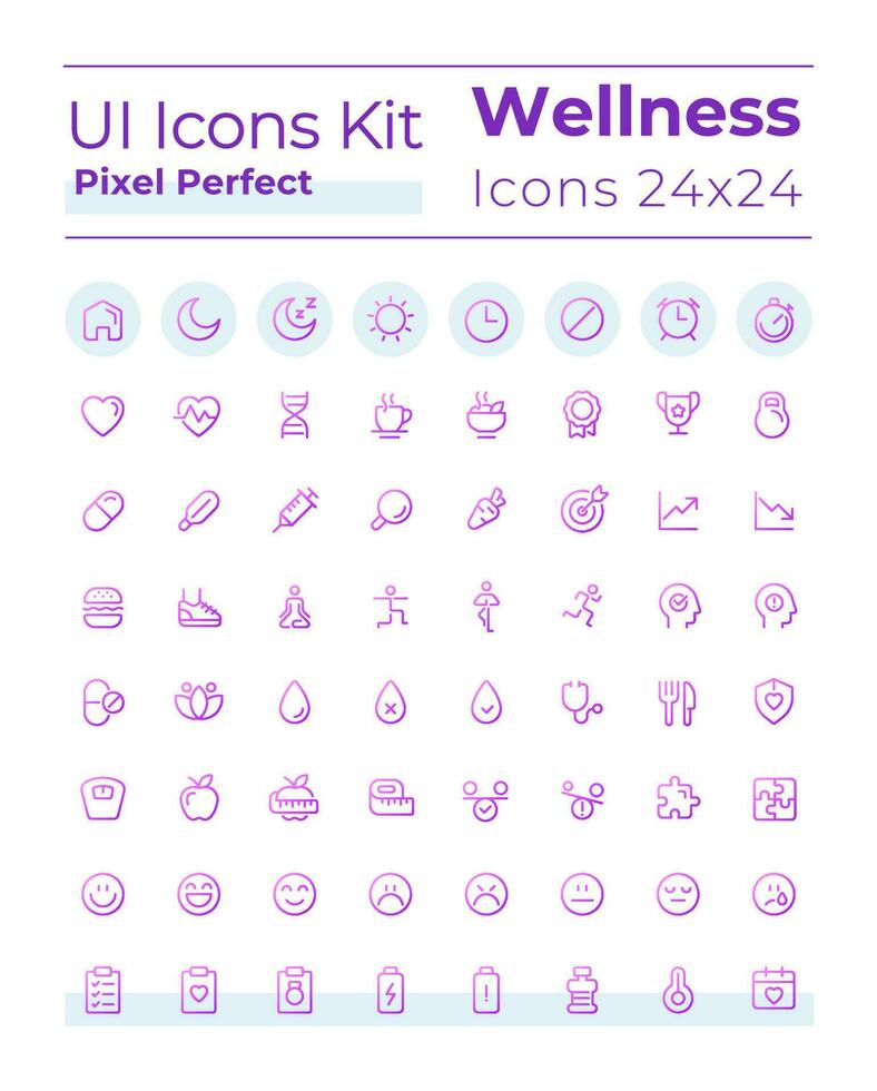 Gesundheit und Wellness Pixel perfekt Gradient linear ui Symbole Satz. physisch Wohlbefinden. Linie Kontur Benutzer Schnittstelle Symbole. Vektor isoliert Gliederung Abbildungen