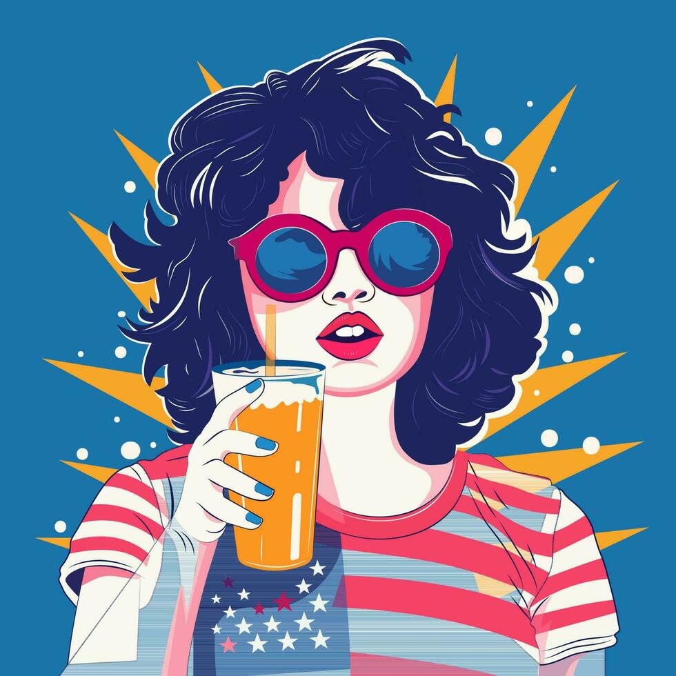 Pop Kunst stilvoll amerikanisch Frau tragen Brille und halten trinken Glas gegen Gelb und Blau Strahlen Hintergrund. vektor