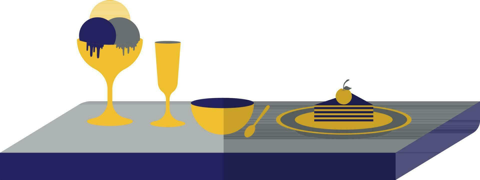 Schüssel, Löffel, Cocktail und Eis Sahne Glas dekoriert auf Tisch. vektor