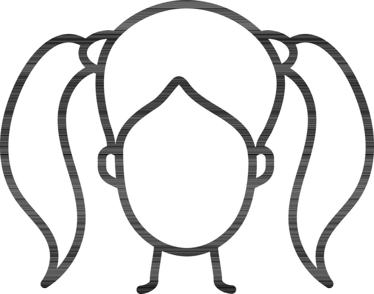 ung flicka ansikte med två sida hästsvansar ikon i svart linje konst. vektor