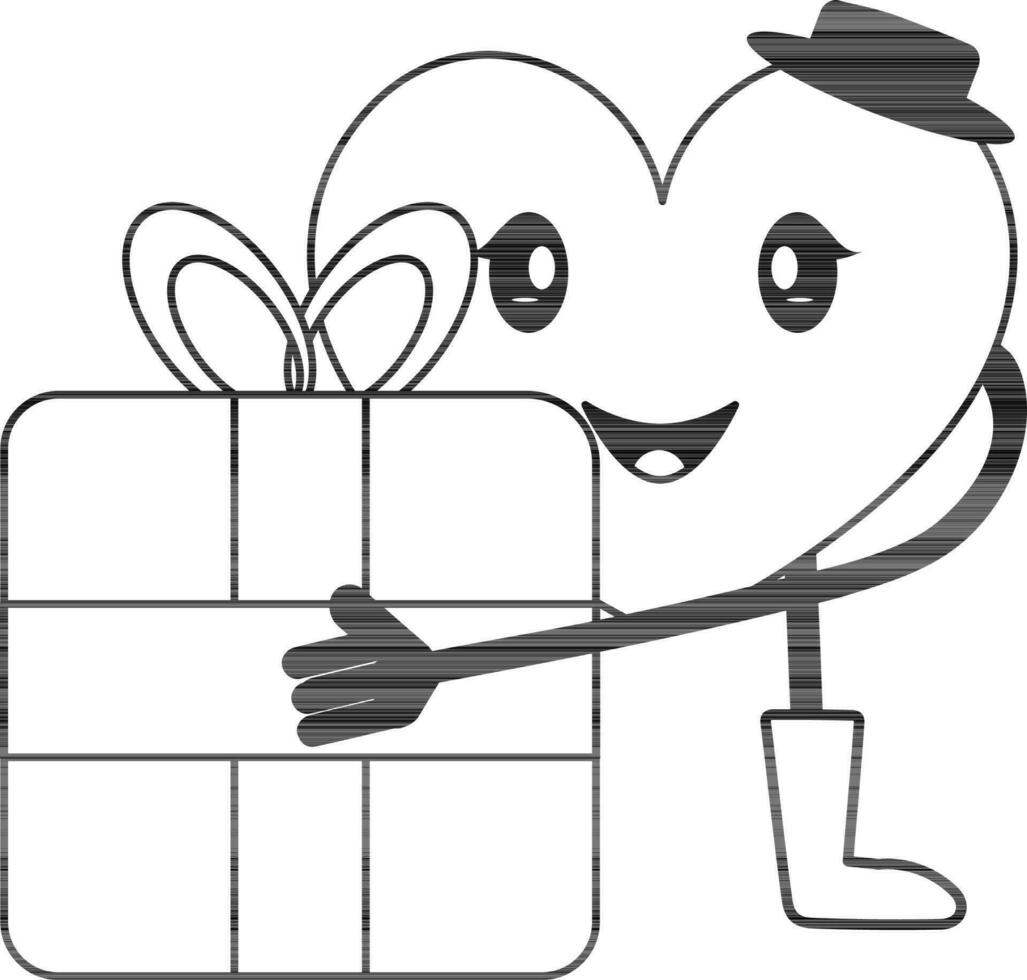 Karikatur männlich Herz halten Geschenk Box im schwarz und Weiß Farbe. vektor