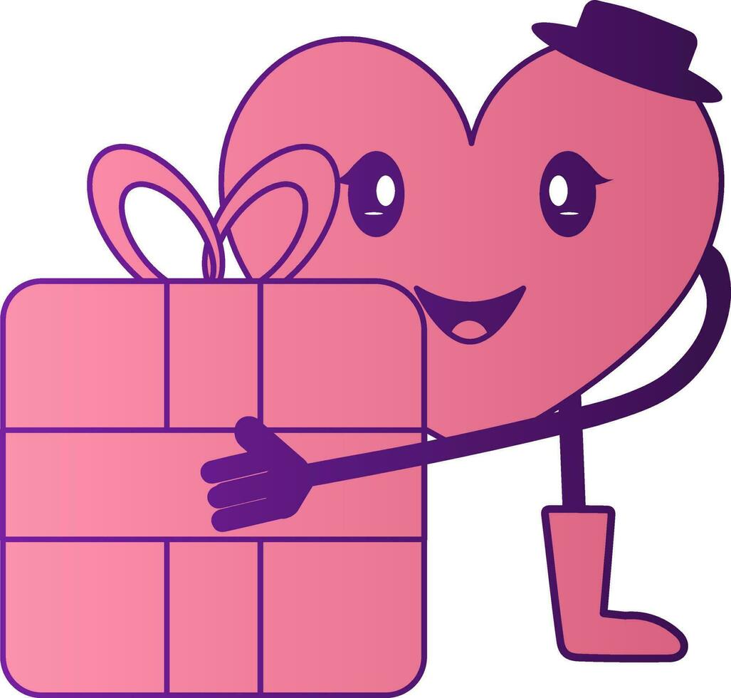 Karikatur männlich Herz halten Geschenk Box im Rosa und lila Farbe. vektor