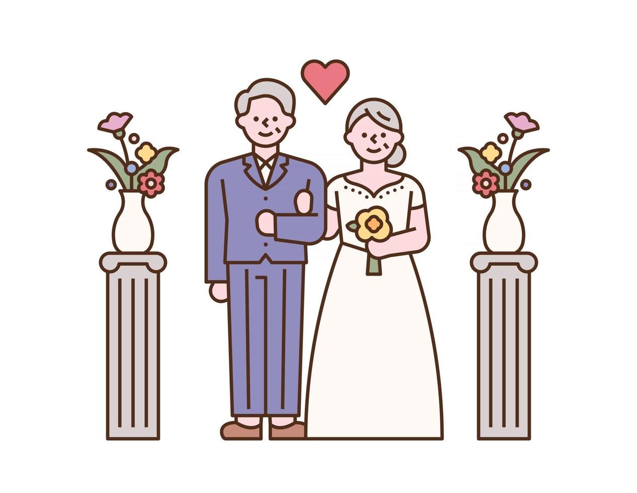 Der ältere Bräutigam und die Braut haben eine Hochzeit. flache Designart minimale Vektorillustration. vektor
