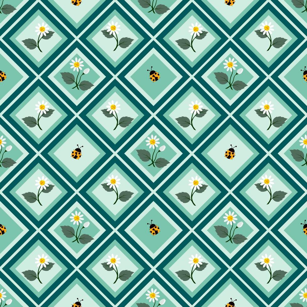 niedliche Blumen mit nahtlosem Marienkäfer-Wiederholungsmuster auf geometrischem Hintergrunddesign des Pastells für Textildruck oder Geschenkpapier vektor