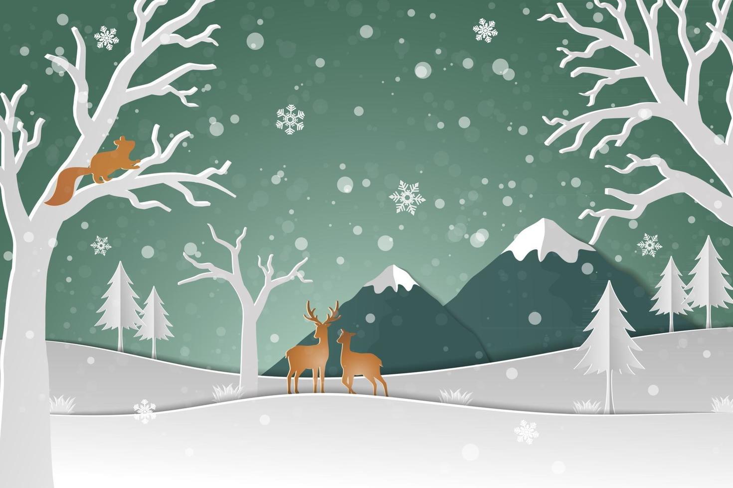 Hirschfamilie mit Winterschnee im Wald abstrakten Hintergrund frohes neues Jahr und frohe Weihnachten auf Papierkunststil vektor