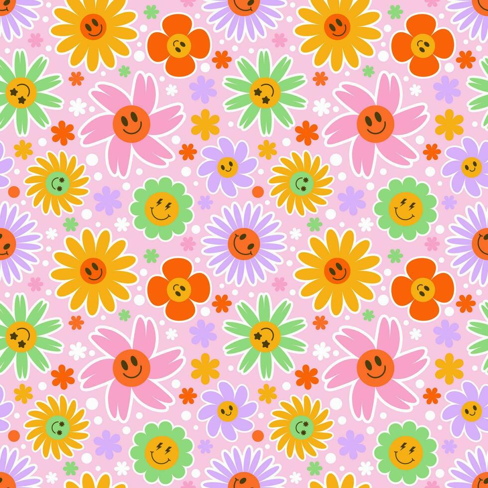 häftig blomma sömlös mönster. y2k blommig leende bakgrund. tecknad serie retro daisy skriva ut med rolig ansikten. vektor trendig estetisk illustration.