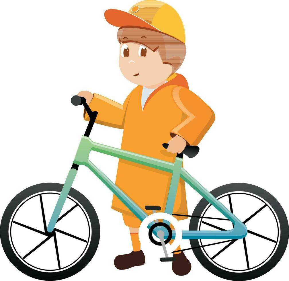 Charakter von ein Junge halten ein Fahrrad. vektor