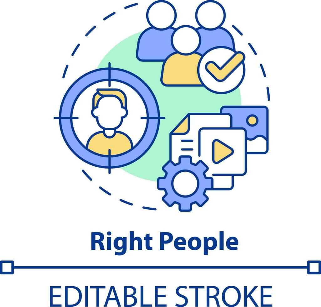 richtig Menschen Konzept Symbol. Fokus auf Publikum. Marketing Strategie. Inhalt Trinkgeld abstrakt Idee dünn Linie Illustration. isoliert Gliederung Zeichnung. editierbar Schlaganfall vektor